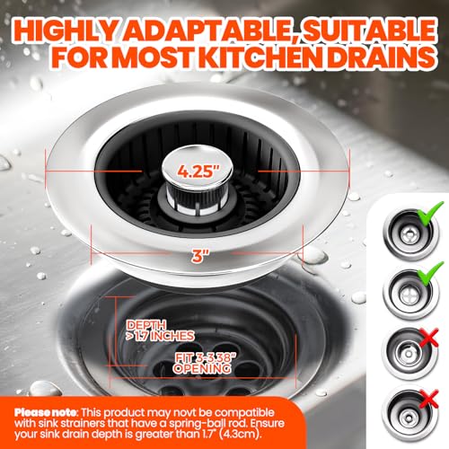 3 in 1 Kitchen Sink Drain Strainer Stopper Basket Pop Up Black