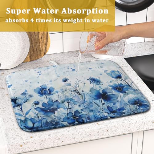 Blue Floral Dish Drying Mat for Kitchen Counter Watercolor Leaves Dishes Drainer Rack Mat Absorbent Microfiber Dish Draining Pad 16x18 Inch