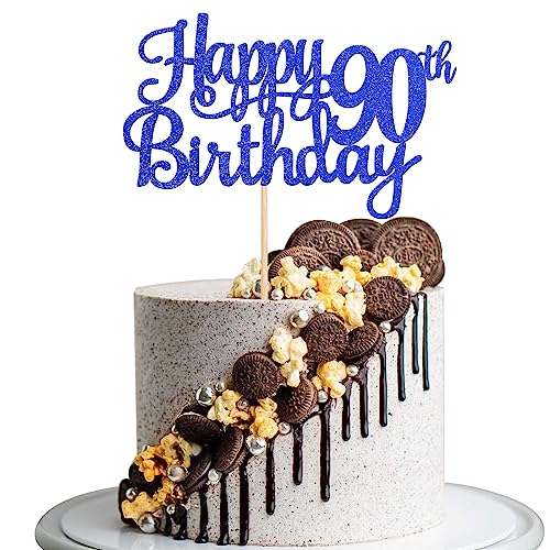 1 PCS Happy 90th Birthday Cake Topper Glitter Cheers to 90 Years Birthday Cake Pick Ninety 90 Fabulous Cake Decoration for Happy 90th Birthday Theme Party Decorations Supplies Blue