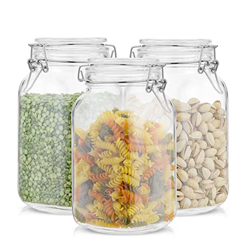 Airtight Glass Jars with Lids Set of 3. 50oz Glass Jar with Lid and 6 Silicone Seals! Med Glass Food Storage Containers. Square Mason Jar (3 Count)