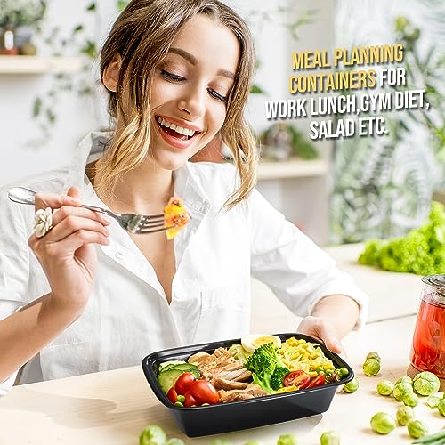 100-Piece (50-Pack) 34 OZ Meal Prep Containers Reusable with Lids, Sturdy Leakproof & Food Safe, Microwave, Freezer, Dishwasher Safe To Go Food Containers, Plastic Take Out Containers, Black (50 Count)