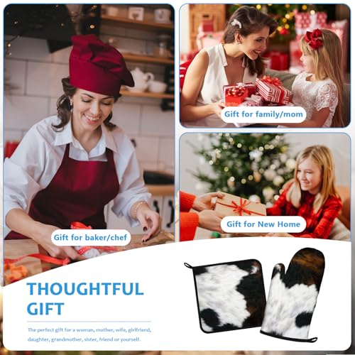 Brown Cowhide Oven Mitts and Pot Holders Sets Heat Resistant 4Pcs Potholders Oven Gloves Hot Pads for Kitchen Baking Cooking Grilling BBQ (4 Count)