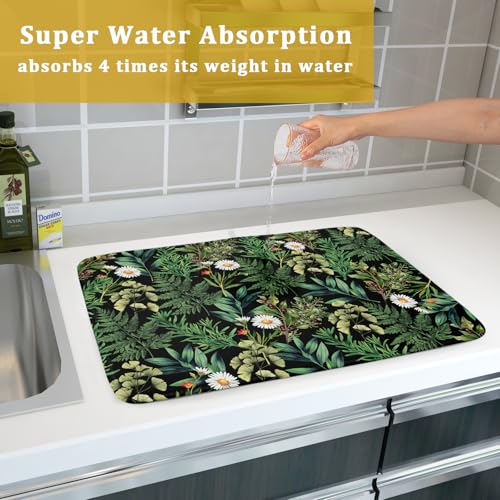 Green Botanical Dish Drying Mat 18x24 Inch Plant Leaf Fast Dry Dish Drainer Rack Mats Absorbent Microfiber Protector for Countertops Sinks