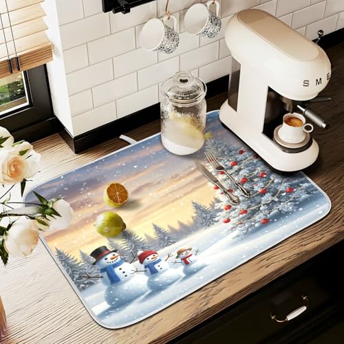 Christmas Tree and Snowman Dish Drying Mat for Kitchen Counter Absorbent Microfiber Large Winter Snowflakes Drying Pad Dish Mats for Kitchen Countertops 18 x 24 Inch