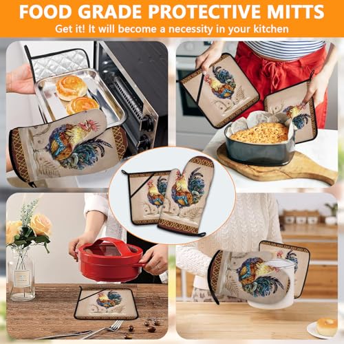 Vintage Rooster Oven Mitts and Pot Holders Sets 4Pcs