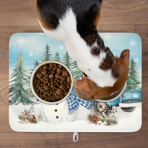 Winter Snowman Blue Dish Drying Mat Xmas Truck Dishes Pad 18"x24" Microfiber Absorbent Drainer Rack Mats Protector for Kitchen Counter Sink