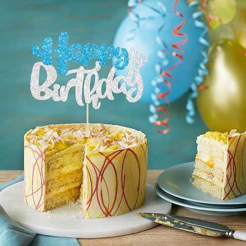 1Pcs Happy Birthday Cake Topper Glitter Happy Birthday Cake Pick for Winter Wonderland Baby Shower Theme Anniversary Party Decorations Supplies Blue Silver