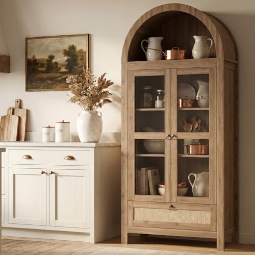 71'' Arched Pantry Cabinet with Glass Door for Kitchen Dining Room
