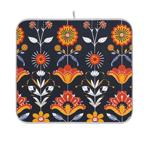 Floral Folk Art Dish Drying Mat for Kitchen Counter Absorbent Microfiber Drying Pad