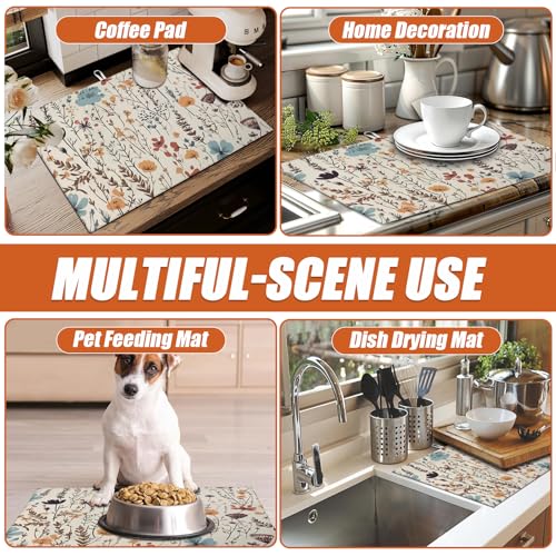 Vintage Floral Dish Drying Mat for Kitchen Counter Microfiber Absorbent Dish Kitchen Drying Mat Draining Reusable Washable for Dishes