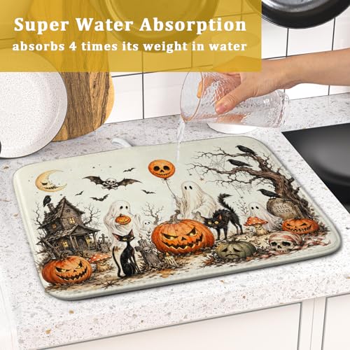 Halloween Pumpkin Ghost Dish Drying Mat Black Cat Microfiber Dishes Pad 16x18 Inch Holiday Dish Drainer Rack Mats for Kitchen Counter Sink