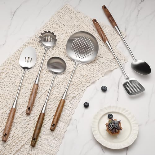 6 Pcs Cooking Utensils Set 304 Stainlss Steel Kitchen Utensils Set Heat Resistant Wooden Handle Kitchen Tools Metal Kitchen Utensil Soup Ladle Set (6 Count)
