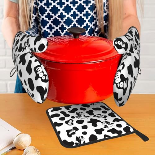 Cow Print Oven Mitts and Pot Holders Sets Heat Resistant for Kitchen BBQ Microwave Baking Grilling Cooks Set of 3 Black White Kitchen Oven Glove (3 Count)