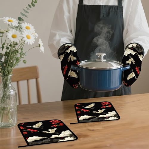 Japanese Crane Oven Mitts and Pot Holders Set (4 Count)