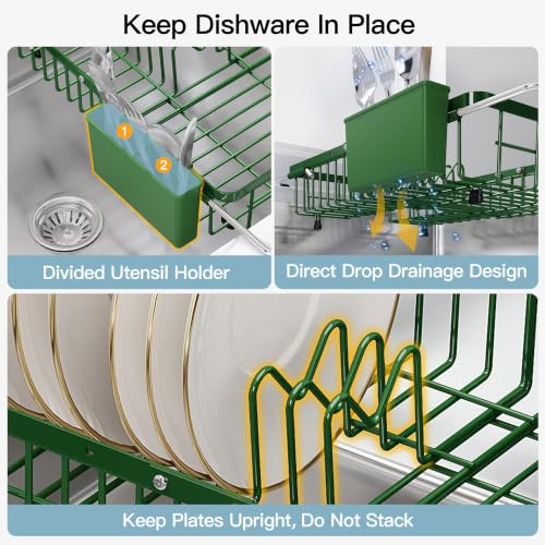 Green Dish Drying Rack Over the Sink with Utensil Holder