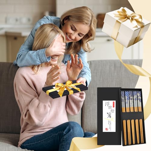 5 Pairs Bamboo Chopsticks Reusable Chopstick Exquisite Japanese Style Chop Sticks with Black Box for Sushi (5 Count)