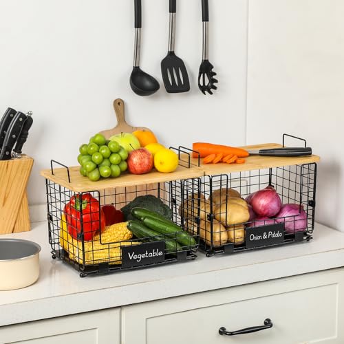 2 Set XL Stackable Wire Basket with Bamboo Tops & Tags (2 Count)