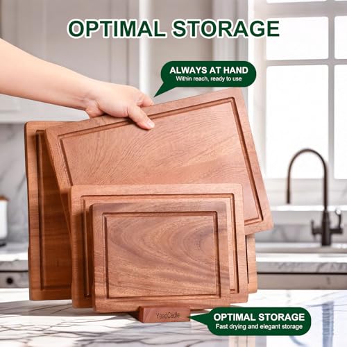 Wooden Cutting Board Set of 4 with Holder Solid Wood Chopping Boards for Kitchen with Juice Grooves Thick Large Cutting Board