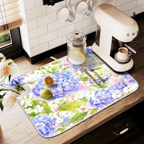 Floral Hydrangea Garden Dish Drying Mat for Kitchen Counter Absorbent Microfiber Small Drying Pad Dish mats for Kitchen Countertops 16 x 18 Inch