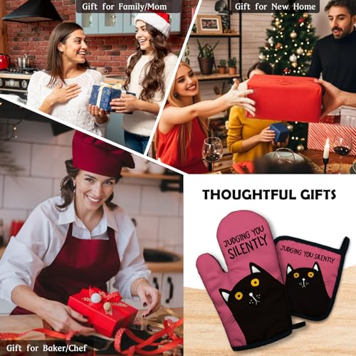 Judging You Silently Funny Heat Resistant Oven Mitts and Pot Holders Set with Silicone Non