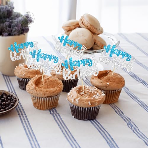 24Pcs Happy Birthday Cupcake Toppers Double Layer Glitter Happy Birthday Cake Decorations for Winter Wonderland Baby Shower Theme Anniversary Party Decorations Supplies Blue Silver (24 Count)
