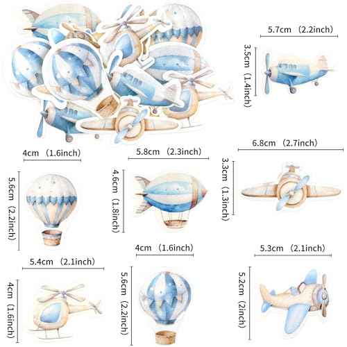 40Pcs Edible Watercolor Blue Airplanes Cupcake Toppers Edible Cartoon Hot Air Balloon Helicopter Cupcake Picks for Blue Boys Birthday Cupcake Decorations Airplane Baby Shower Cake Decorations (40 Count)