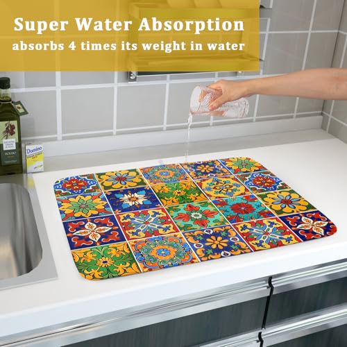 Mexican Tiles Dish Drying Mat for Kitchen Counter Absorbent Microfiber Dish Drying Pad Kitchen Gadgets Multi