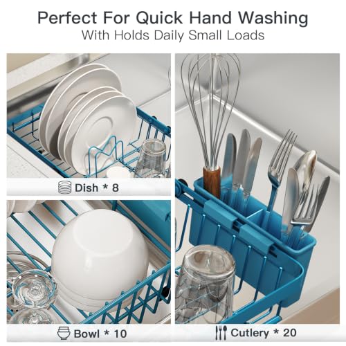 Blue Expandable Dish Drying Rack Over Sink with Extra Drying Mat