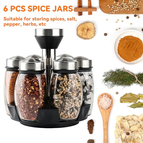 6 Pack Spinning Glass Spice Jars with Organizer Rack for Countertop (4.2329 Ounce)