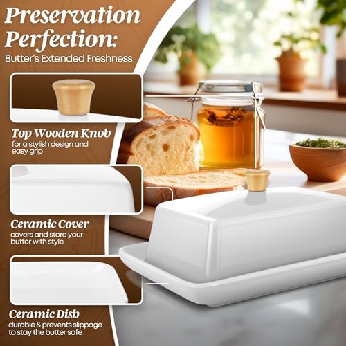 Ceramic White European Butter Dish with Lid for Countertop