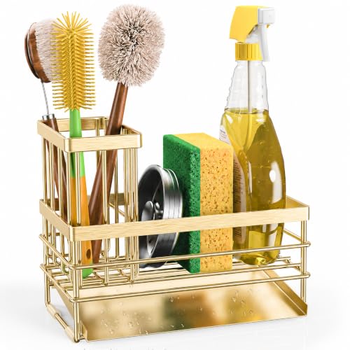 Gold Sink Caddy Sponge Holder for Kitchen with Brush Holder and Stainless Steel Self Drain Tray
