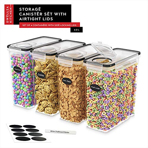 Cereal Containers Storage 4L Set of 4 Airtight Food Storage Containers with Lids Cereal Dispenser Countertop Pantry Organization Canister for Rice Flour & Sugar 1 Marker 8 Labels (4 Count)