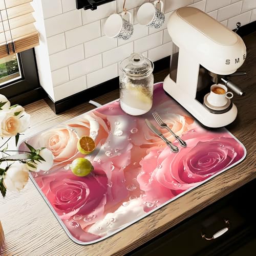 3d Pink White Roses Dish Drying Mat for Kitchen Counter Absorbent Microfiber Large Drying Pad Dish mats for Kitchen Countertops 18 x 24 Inch