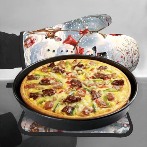 Winter Snowman Oven Mitts and Pot Holder Set of 2 Red Bird Berry Decorative Oven Gloves Heat Resistant Kitchen Hot Pads for Baking Cooking