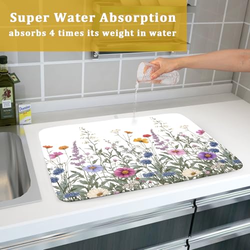 Flower Herbs Dish Drying Mat Botanical Plant Dishes Drainer Mat 18x24 inch Reversible Microfiber Drying Dish Pad for Kitchen Counter Decor
