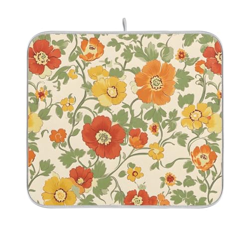 Retro Yellow Orange Flowers Dish Drying Mat for Kitchen Counter Absorbent Microfiber Drying Pad