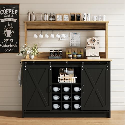 47" Coffee Bar Cabinet with Storage Hutch & Wine Rack