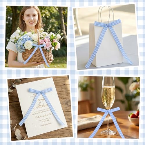 30 Pack Bow Cake Toppers Blue Gingham Ribbon Bows for Cake (30 Count)