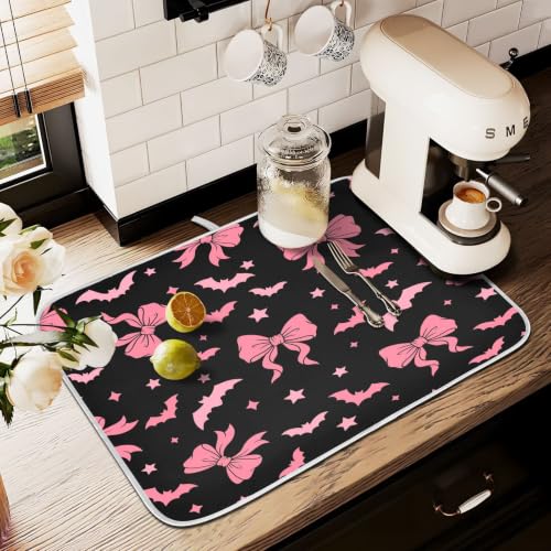 Halloween Dish Drying Mat for Kitchen Counter Absorbent Microfiber Small Drying Pad Dish Pink Bat Bow Mats for Kitchen Countertops 16 x 18 Inch
