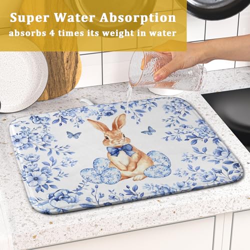 Vintage Microfiber Dish Drying Mat Blue Easter Floral Kitchen Drying Mats for Dishes 18 X 16