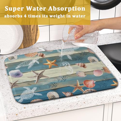 Coastal Starfish Dish Drying Mat Summer Sea Turtle Drainer Rack Mat Absorbent Microfiber Kitchen Countertop Protector Dishes Pad 16x18 inch