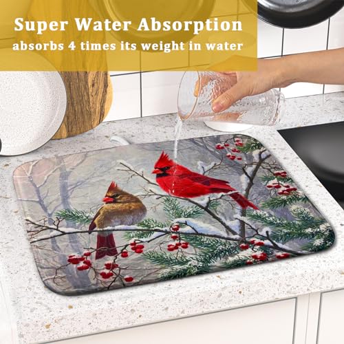 Red Bird Dish Drying Mat Merry Christmas Dishes Pad Absorbent Fast Dry Dish Drainer Mat Protector for Kitchen Counter 16 x 18 Inches
