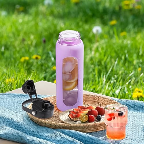 24oz Glass Water Bottle with Straw and 2 Lids