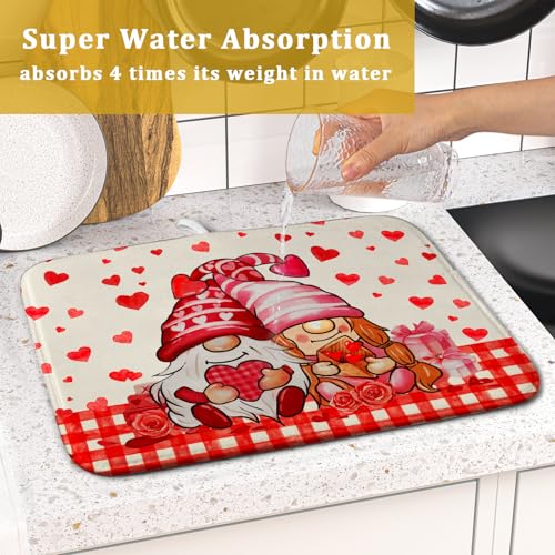 Love Gnome Dish Drying Mat 16"x18" Red Heart Microfiber Dish Drainer Rack Mat Holiday Absorbent Dishes Pad for Kitchen Counter Sink Decor