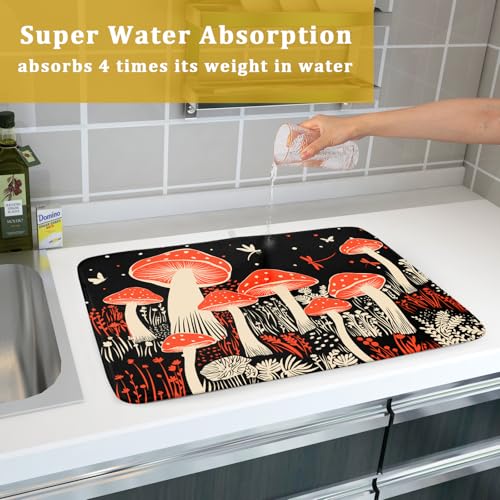 Red Mushroon Dish Drying Mat for Kitchen Counter Black Microfiber Absorbent Dish Pad 24 x 18 in
