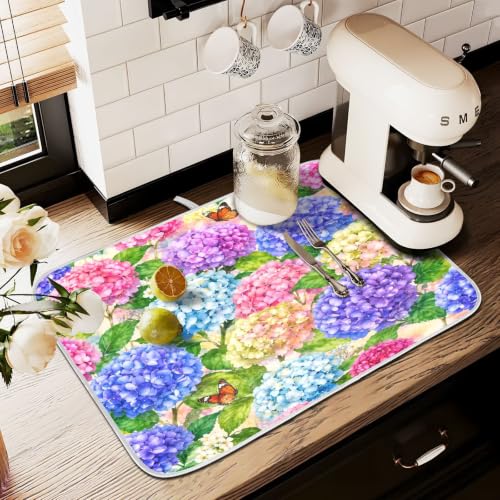 Hydrangea Flowers with Butterfly Dish Drying Mat for Kitchen Counter Absorbent Microfiber Large Drying Pad Dish mats for Kitchen Countertops 18 x 24 Inch