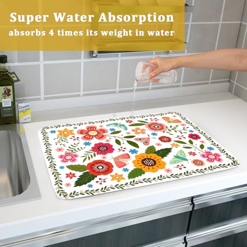 Colorful Boho Floral Dish Drying Mat 18x24 Inch Dishes Dry Pad Drainer Rack Mats Absorbent Hanging Loop Kitchen Counter Bar Accessories