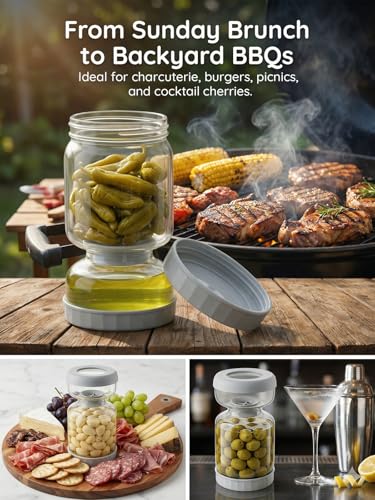 Pickle and Olive Hourglass Jar with Strainer Flip Juice Separator