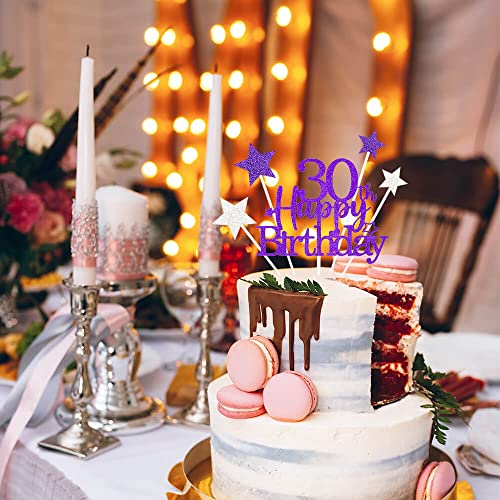 Purple Silver 30th Birthday Cake Topper with Glittery Stars (7 Count)