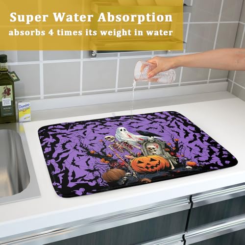 Halloween Pumpkin Dish Drying Mat 18x24 inch Spooky Ghost Bat Dish Rack Mats Microfiber Draining Pad Fast Dry Holiday Kitchen Accessories